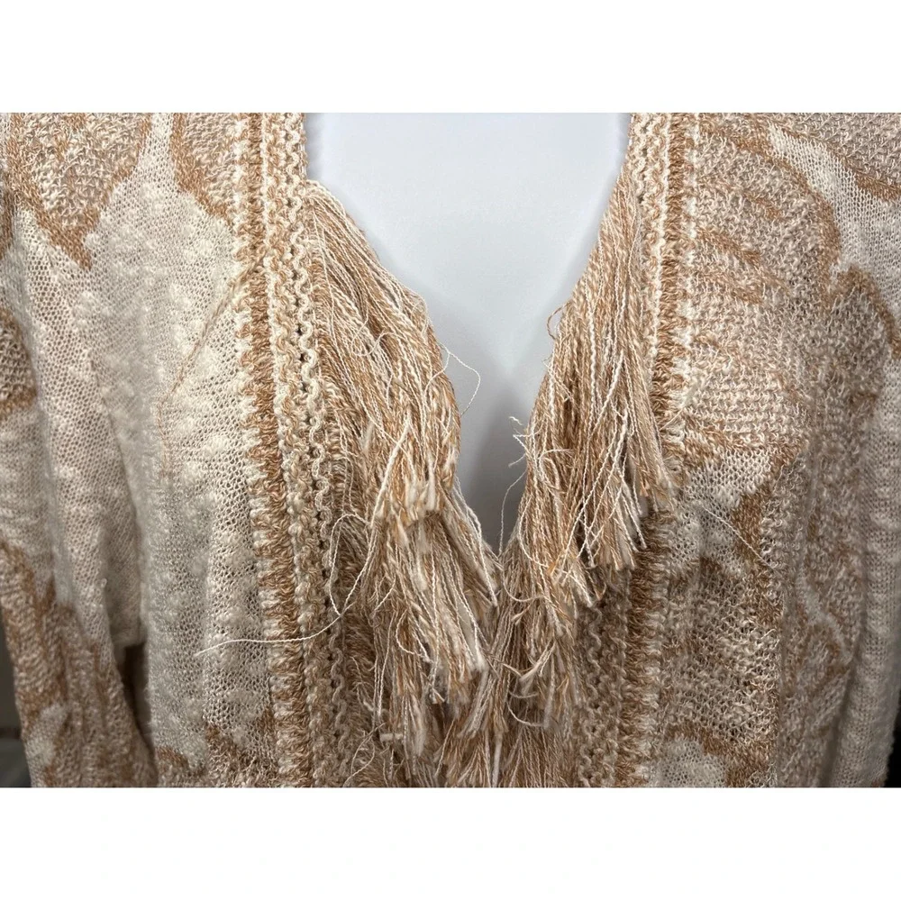 NIC+ZOE Tan Floral‎ Fringe Open Front Cardigan L Longline Southwestern Boho-Chic